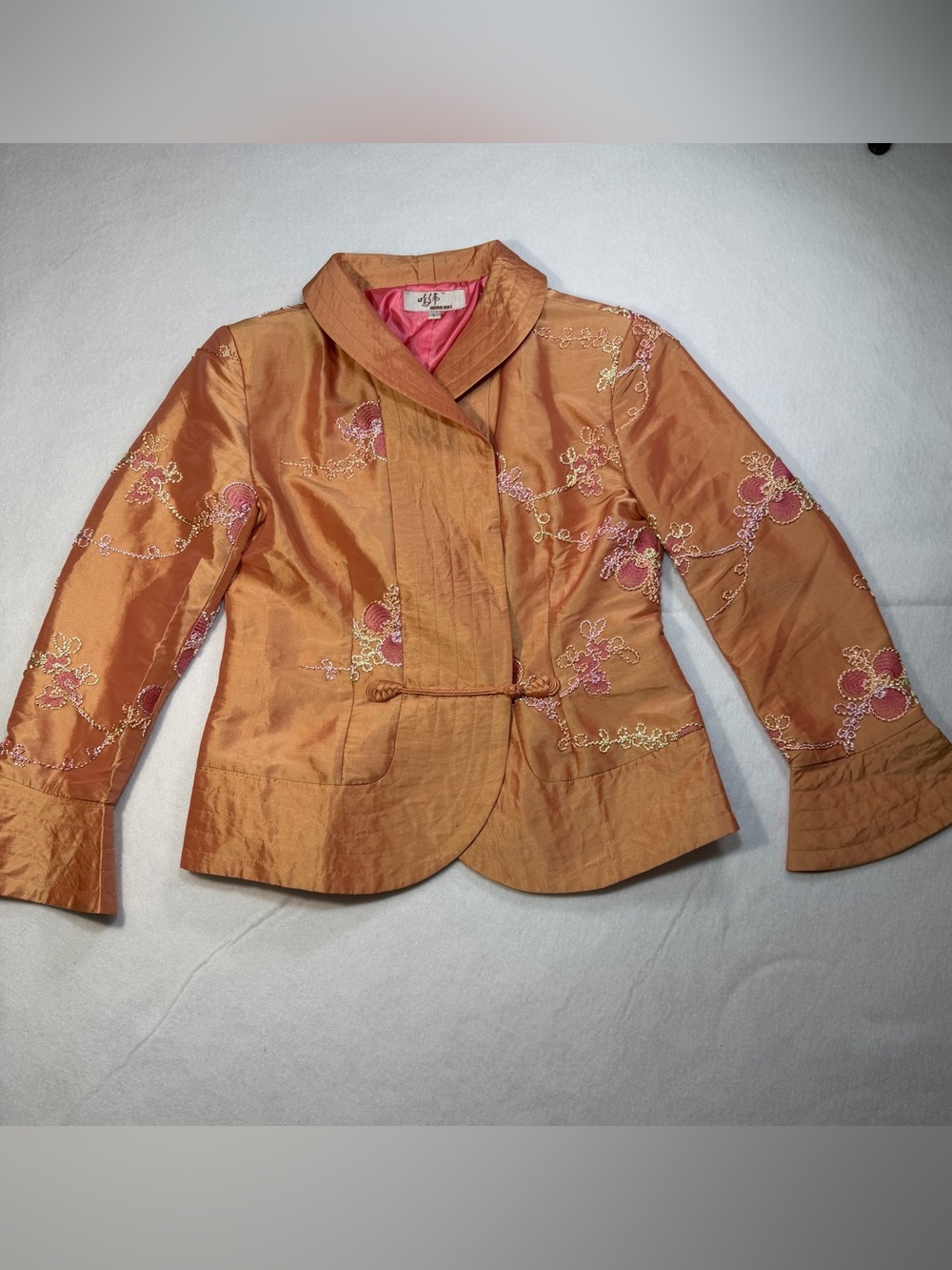 Vintage Ming Wei Orange Beaded Silk Embroidered Mandarin Jacket Frog Closure
